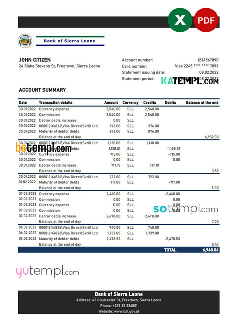 Sierra Leone Bank of Sierra Leone bank statement, Excel and PDF template