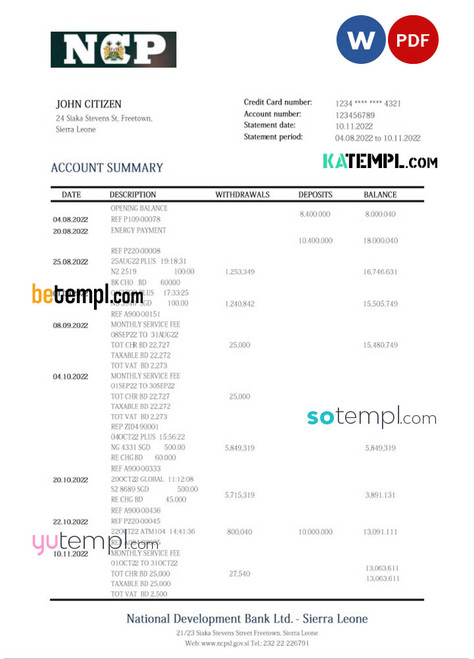 Sierra Leone National Development bank statement template in Word and PDF format