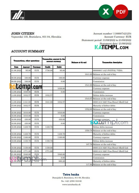 Slovakia Tatra bank statement, Excel and PDF template, version 2