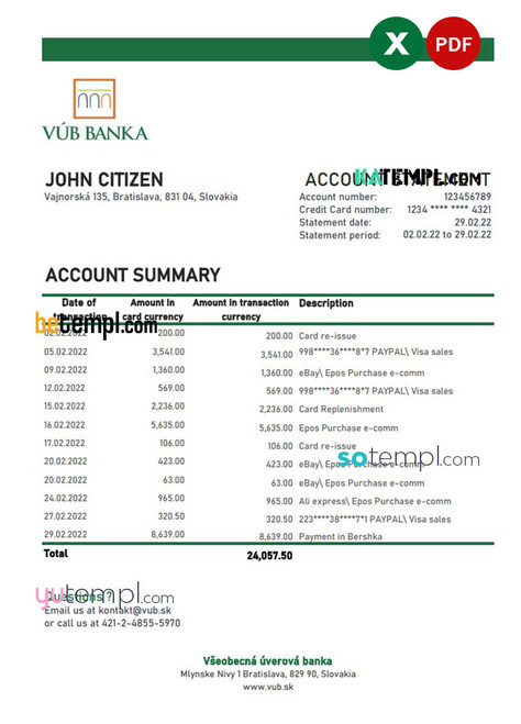 Slovakia VUB bank statement, Excel and PDF template