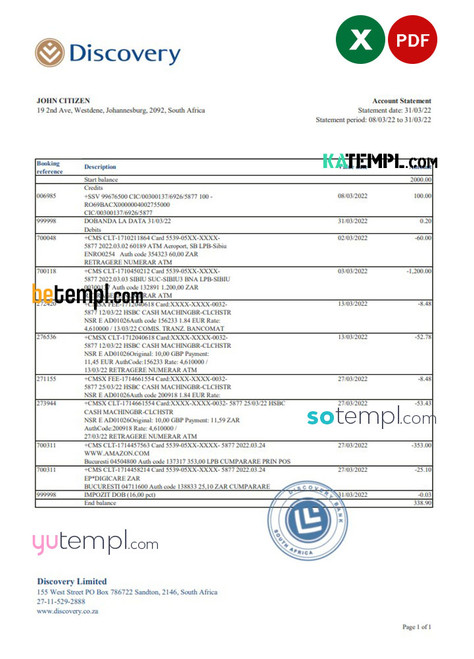 South Africa Discovery bank statement, Excel and PDF template