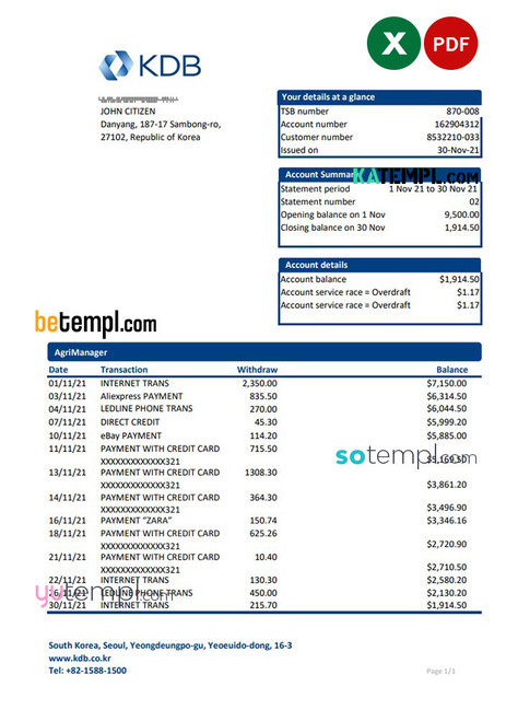 South Korea KDB bank statement easy to fill template in Excel and PDF format