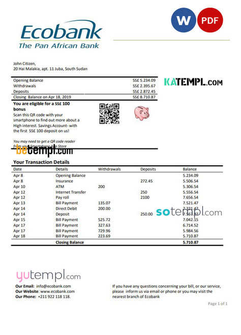 South Sudan Ecobank proof of address bank statement template in Word and PDF format