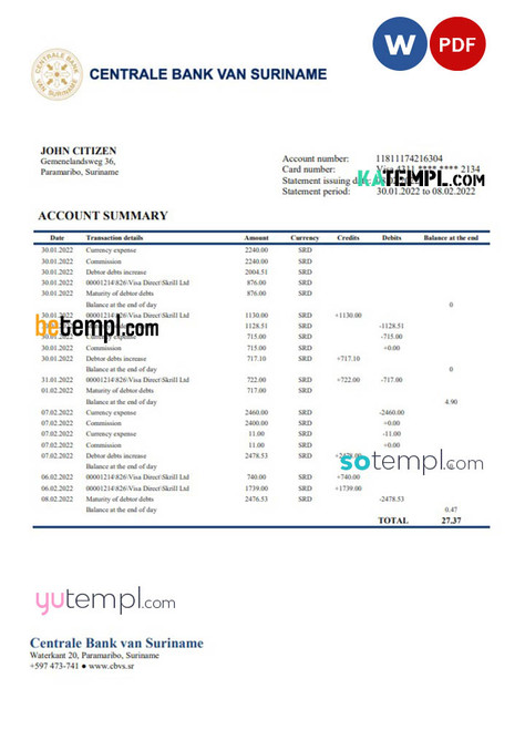 Suriname Centrale Bank Van Suriname bank statement template in Word and PDF format