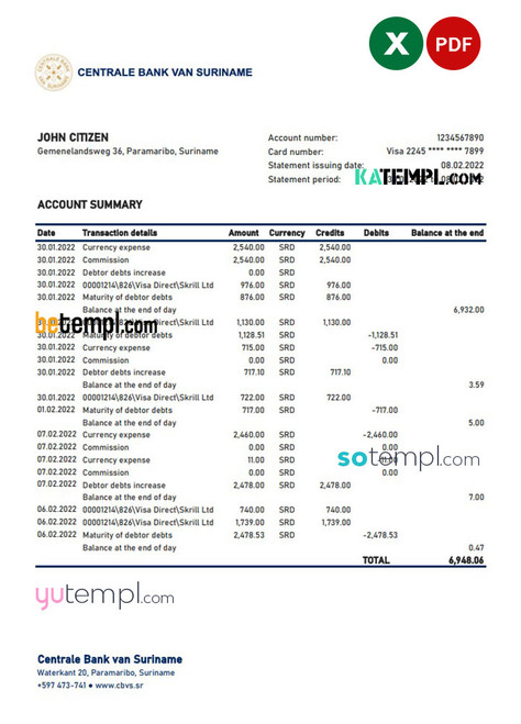 Suriname Centrale Bank Van Suriname bank statement, Excel and PDF template