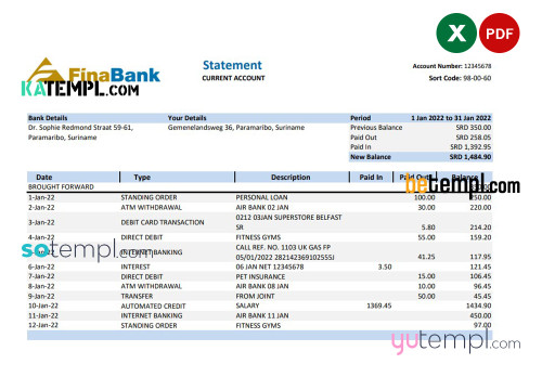 Suriname Finabank bank statement, Excel and PDF template