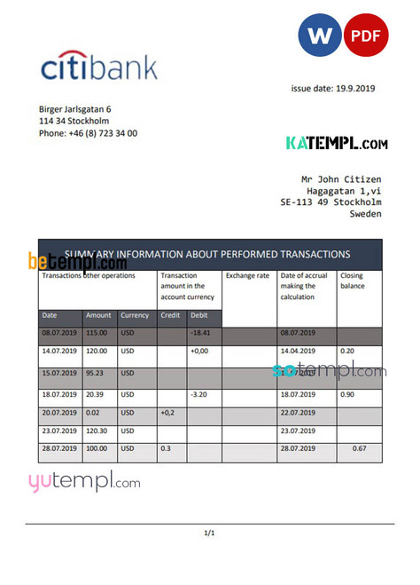 Sweden Citibank statement easy to fill template in .doc and .pdf format, fully editable
