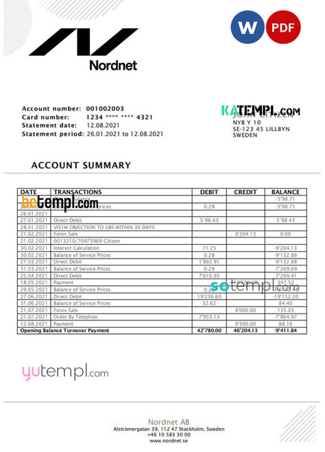 Sweden Nordnet AB bank statement easy to fill template in .doc and .pdf format, fully editable
