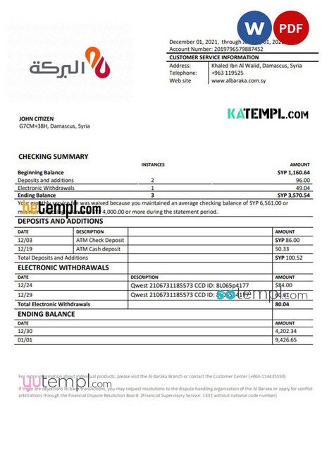 Syria Al Baraka bank statement template in Word and PDF format