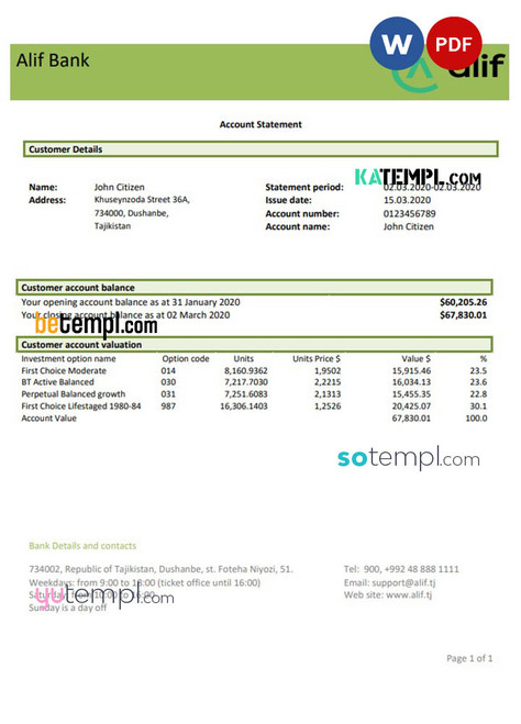 Tajikistan Alif Bank statement template, Word and PDF format (.doc and .pdf)