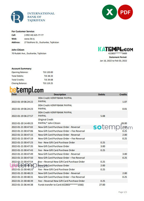 Tajikistan ITB bank statement, Excel and PDF template