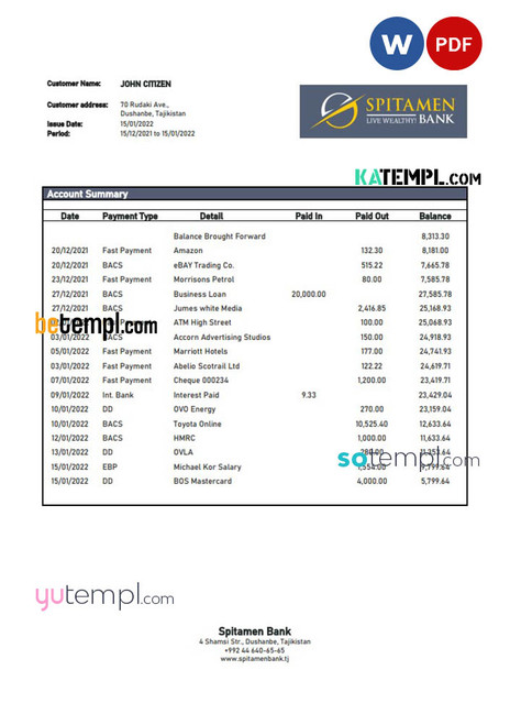 Tajikistan Spitamen Bank statement template in Word and PDF format
