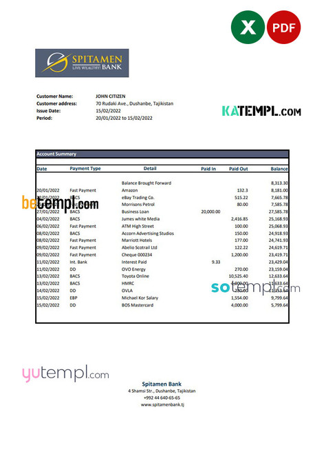 Tajikistan Spitamen Bank statement, Excel and PDF template