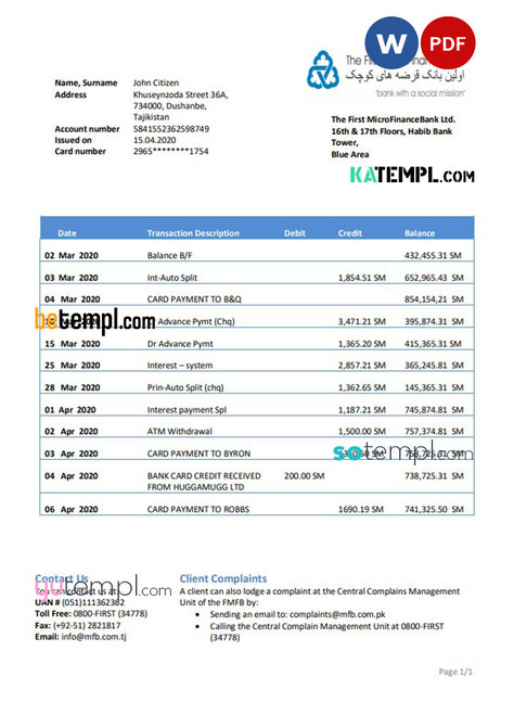Tajikistan The First MicroFinance (FMFB) bank proof of address statement template in Word and PDF format
