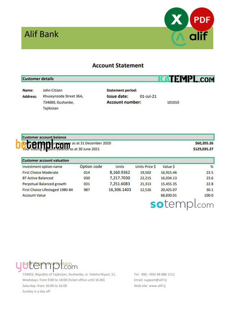 Tajikistan Alif Bank statement template in Excel and PDF format