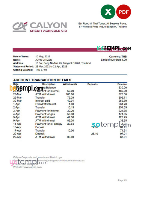 Thailand Calyon bank statement, Excel and PDF template
