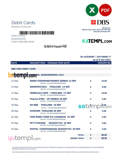 Thailand DBS bank statement easy to fill template in .xls and .pdf file format