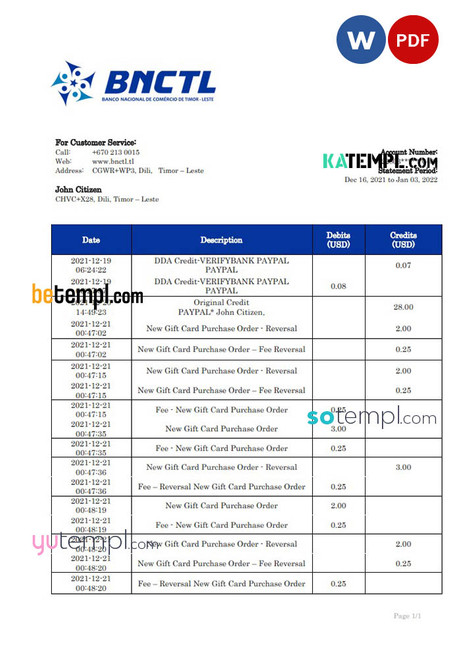 Timor-Leste BNCTL bank statement template in Word and PDF format