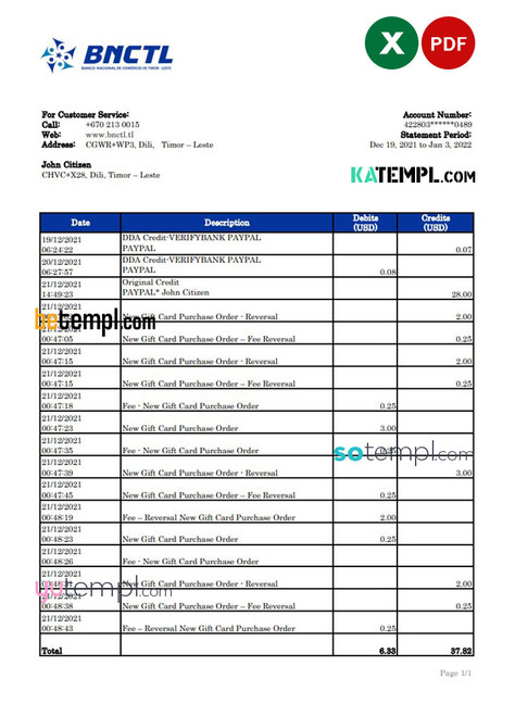 Timor-Leste BNCTL bank statement, Excel and PDF template