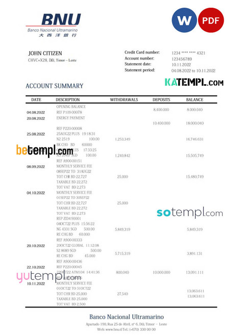 Timor-Leste BNU bank statement template in Word and PDF format