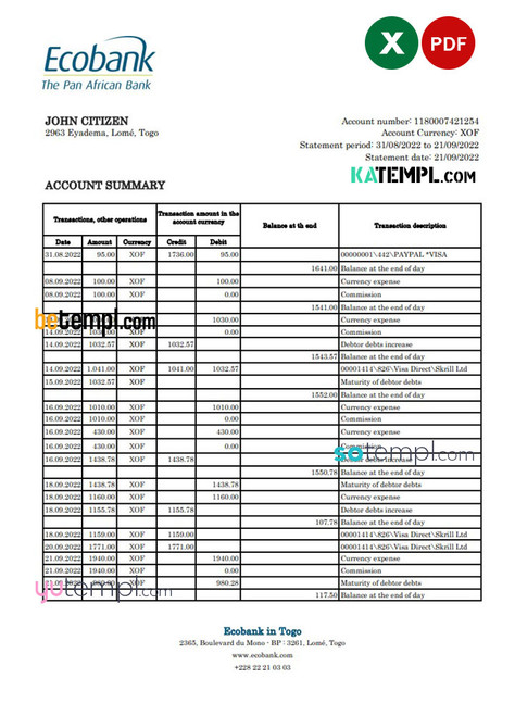 Togo Ecobank bank statement, Excel and PDF template