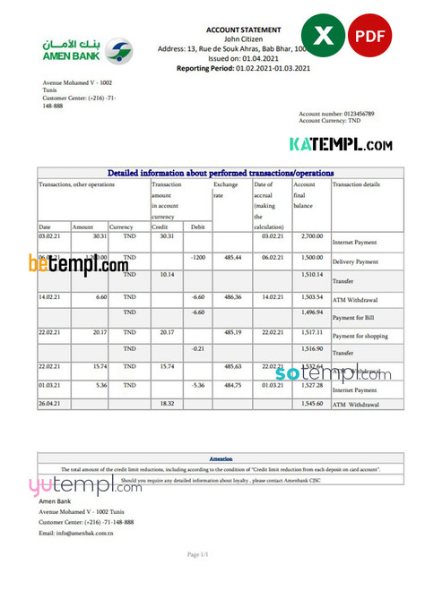 Tunisia Amen Bank statement easy to fill template in .xls and .pdf file format