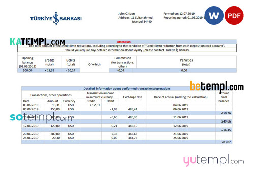 Turkey Bankasi bank proof of address statement template in Word and PDF format, fully editable