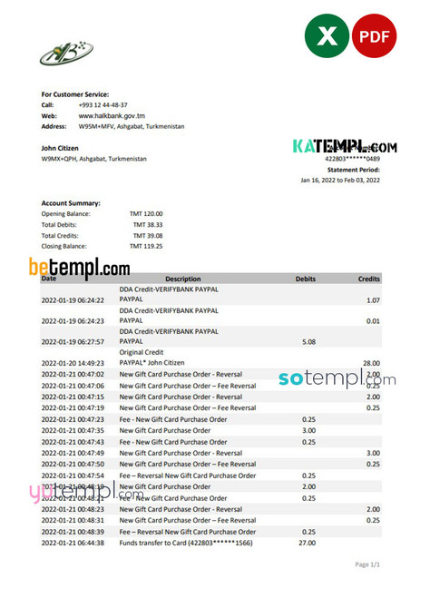 Turkmenistan Halkbank Bank statement easy to fill template in .xls and .pdf file format