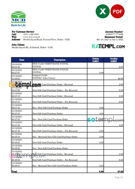 UAE MCB bank statement, Excel and PDF template