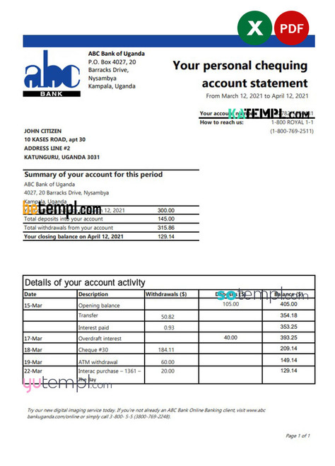 Uganda ABC Bank of Uganda bank statement template in Excel and PDF format