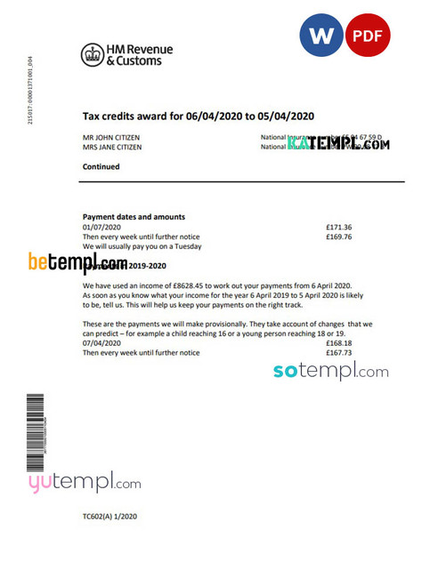 United Kingdom HM Revenue &amp; Customs bank statement easy to fill template in Word and PDF format