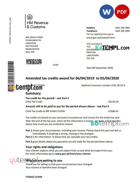 United Kingdom HM Revenue &amp; Customs tax credits award statement template in Word and PDF format
