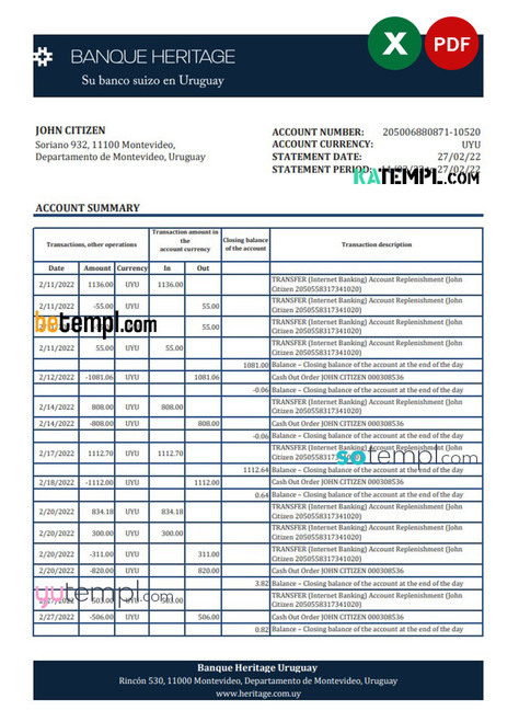 Uruguay Banque Heritage bank statement, Excel and PDF template