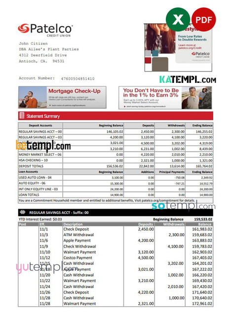 USA California Patelco Credit Union bank statement template in Excel and PDF format
