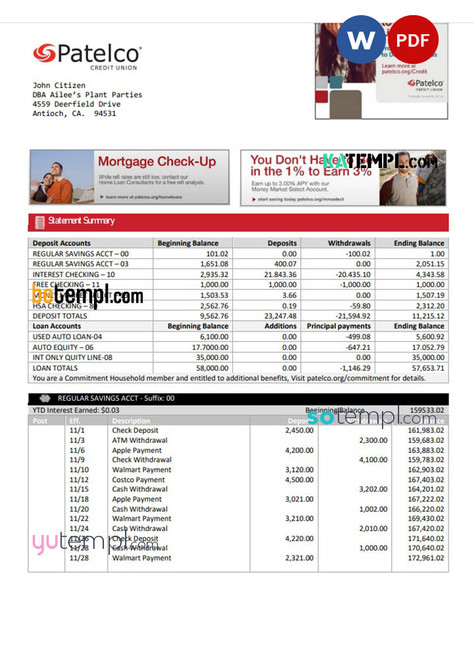 USA California Patelco Credit Union bank statement template in Word and PDF format