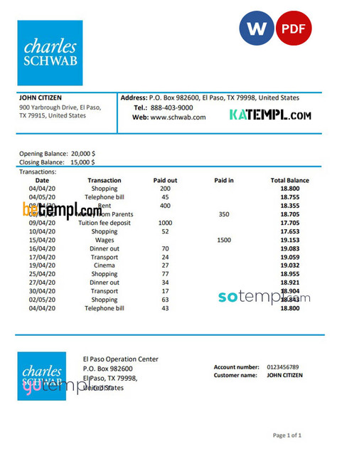 USA Charles Schwab & Co bank proof of address statement template in Word and PDF format