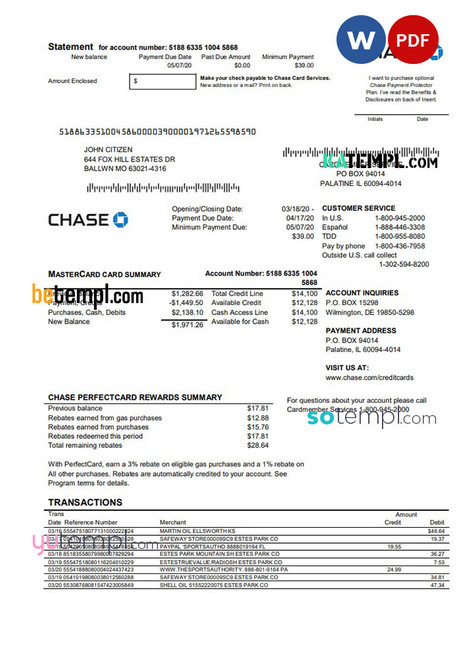 USA Chase bank Mastercard card statement easy to fill template in Word and PDF format