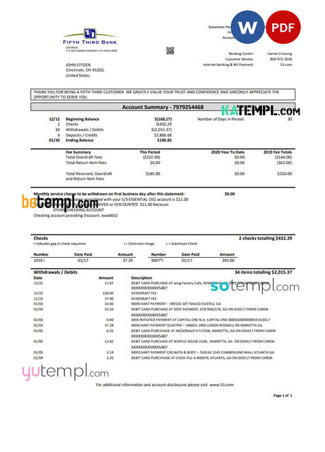 USA Fifth Third Bank statement in Word and PDF format, good for address prove