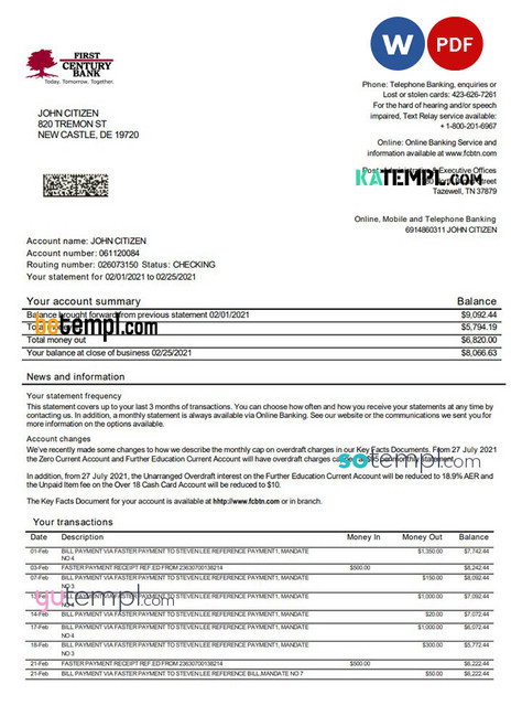 USA First Century bank proof of address statement template in Word and PDF format