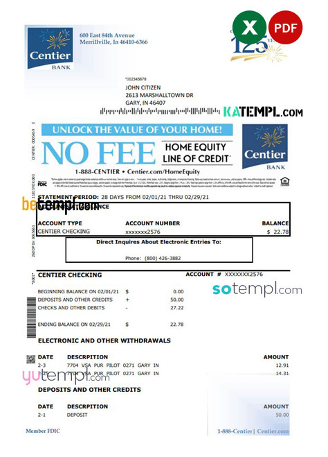 USA Indiana Centier bank statement template in Excel and PDF format