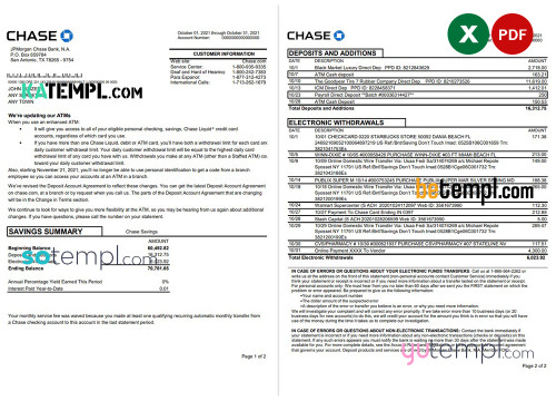 USA JP Morgan Chase bank statement template in .xls and .pdf file format, 2 pages