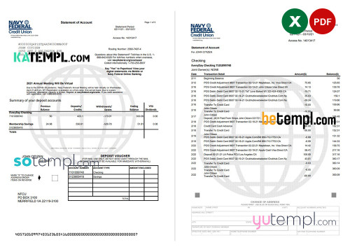 USA Navy Federal Union bank statement template in Excel and PDF format (5 pages)
