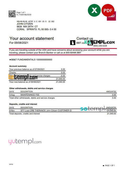USA North Carolina BB&T Corp. bank account statement template in Excel and PDF format