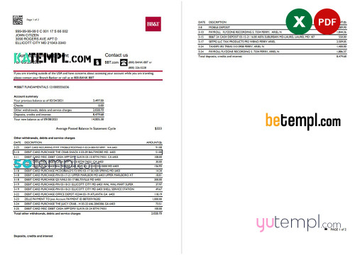 USA North Carolina BB&T Corp. bank statement template in Excel and PDF format (2 pages)
