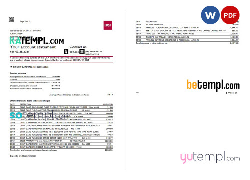USA North Carolina BB&T Corp. bank statement template in Word and PDF format (2 pages)