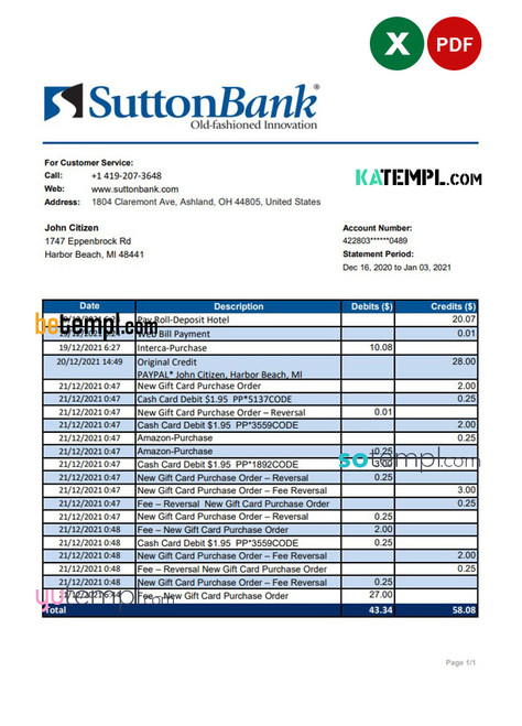 USA Ohio Sutton Bank statement template in .xls and .pdf file format