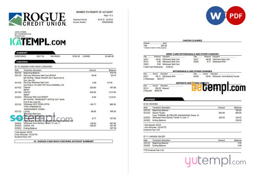 USA Oregon Rogue bank statement, Word and PDF template, 3 pages