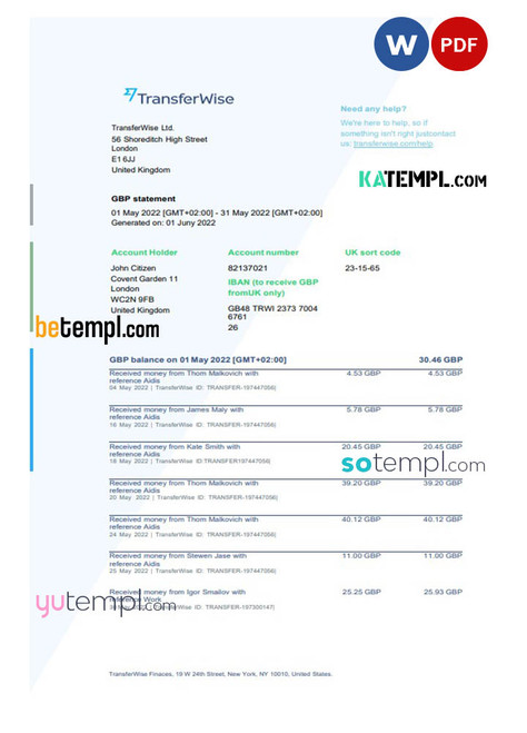 USA TransferWise Finances statement, Word and PDF template