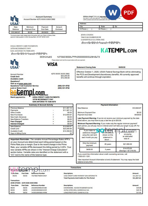 USA USAA bank Credit card statement template in Word and PDF format