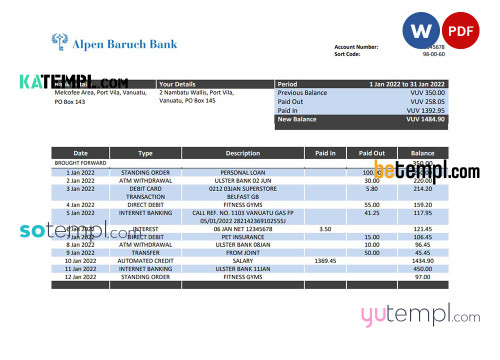 Vanuatu Alpen Baruch Bank statement template in Word and PDF format
